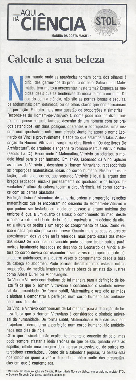 Artigo Aqui há Ciência - "Calcule a sua beleza"